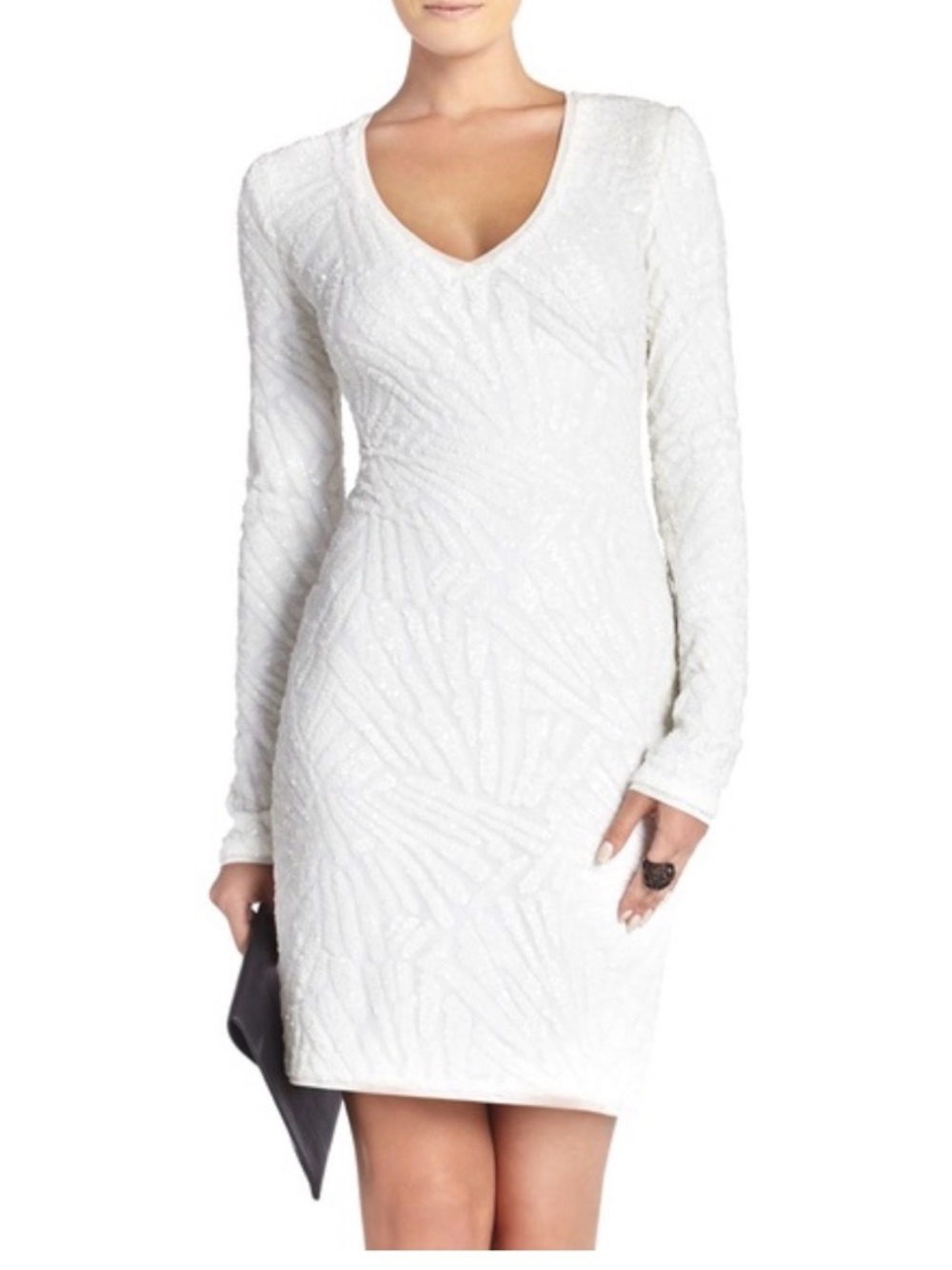 BCBGMAXAZRIA Morris White Sequin Long Sleeve Mini Dress V-Neck Bridal Size Small